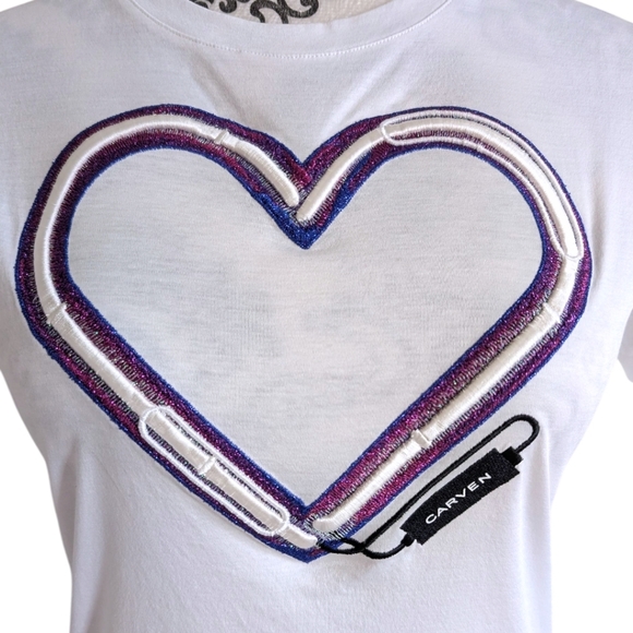 Carven Tee I Women's Small Blanc Optique White Purple Heart Graphic Kitschy Y2K - Picture 6 of 13